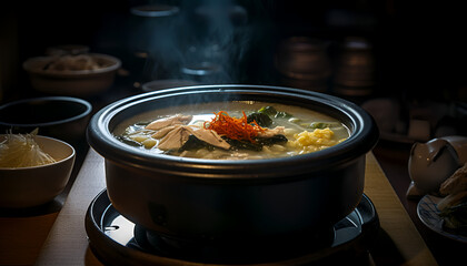 Warm up your body and soul with a bowl of Samgye-tang - a Korean ginseng chicken soup that's packed with nourishing ingredients. This traditional soup is made with a whole young chicken stuffed