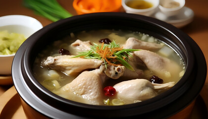 Warm up your body and soul with a bowl of Samgye-tang - a Korean ginseng chicken soup that's packed with nourishing ingredients. This traditional soup is made with a whole young chicken stuffed