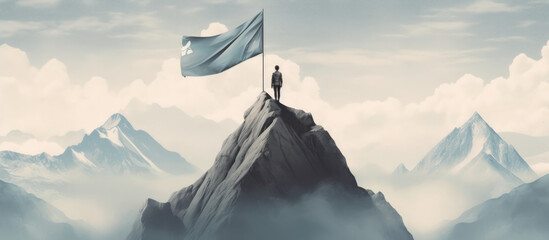 Triumphant Ascent: Woman Planting Flag on Hill Summit - Generative AI