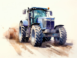 Watercolor farm tractor, generative ai
