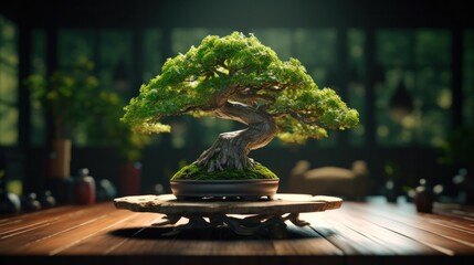 Bonsai tree on wooden base in morning nature view background. Bonsai and Gardening Concept. Generative AI.