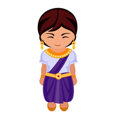 Woman in Cambodia national costume. Female cartoon character in traditional cambodian ethnic clothes. Flat isolated illustration. 