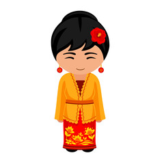 Woman in Malaysia national costume. Female cartoon character in traditional malay ethnic clothes. Flat isolated illustration.  - obrazy, fototapety, plakaty