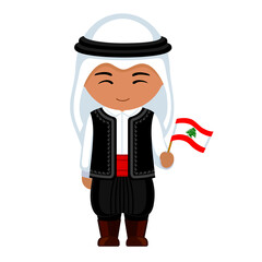 Man in Lebanon national costume. Male cartoon character in traditional lebanese ethnic clothes holding flag. Flat isolated illustration.