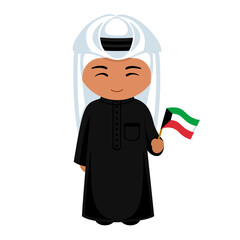 Fototapeta na wymiar Man in Kuwait national costume. Male cartoon character in Kuwaiti traditional ethnic clothes holding flag. Flat isolated illustration.
