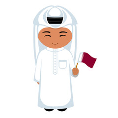 Man in Qatar national costume. Male cartoon character in traditional qatari ethnic clothes holding flag. Flat isolated illustration.