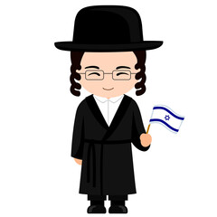 Man in Israel national costume. Male cartoon character in Jew traditional ethnic clothes holding flag. Flat isolated illustration.