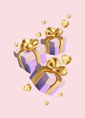 A collection of 3D gift boxes, closed,adorned with gold ribbons and bows and hearts around.These floating, contemporary presents evoke a sense of festive surprise. Holiday decoration presents.Vector.