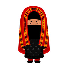Woman in Yemen national costume. Female cartoon character in traditional yemeni ethnic clothes. Flat isolated illustration. 