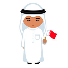 Man in Bahrain national costume. Male cartoon character in traditional bahraini ethnic clothes holding flag. Flat isolated illustration.
