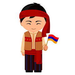 Man in Armenia national costume. Male cartoon character in armenian traditional ethnic clothes holding flag. Flat isolated illustration.