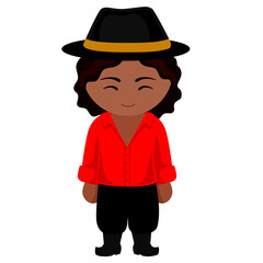 Man in national costume. Male cartoon character in traditional ethnic clothes holding flag. Flat isolated illustration.