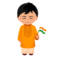 Man in India national costume. Male cartoon character in indian traditional ethnic clothes holding flag. Flat isolated illustration.