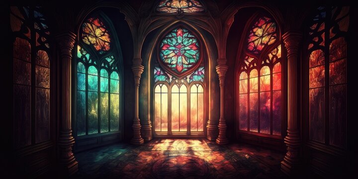 Sunlight shines through high stained glass windows in church. superlative generative AI image.