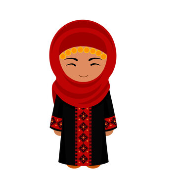 Woman in Jordan national costume. Female cartoon character in traditional jordanian ethnic clothes. Flat isolated illustration. 