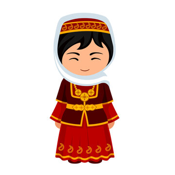 Woman in Azerbaijan national costume. Female cartoon character in azeri traditional ethnic clothes. Flat isolated illustration. 
