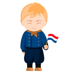 Man in Netherlands national costume. Male cartoon character in traditional dutch ethnic clothes holding flag. Flat isolated illustration.
