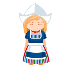 Woman in Netherlands national costume. Female cartoon character in traditional dutch ethnic clothes. Flat isolated illustration.