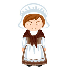Woman in Belgium national costume. Female cartoon character in traditional belgian ethnic clothes. Flat isolated illustration.