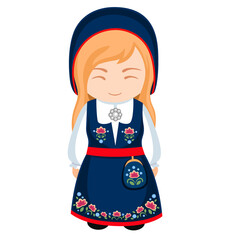 Woman in Norway national costume. Female cartoon character in traditional norwegian ethnic clothes. Flat isolated illustration.
