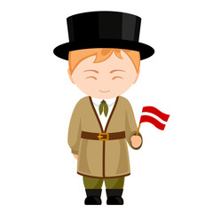 Man in Latvia national costume. Male cartoon character in traditional latvian ethnic clothes holding flag. Flat isolated illustration.