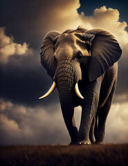 Fototapeta na wymiar Elephant on cloudy sky in evening dramatic light, generative Ai