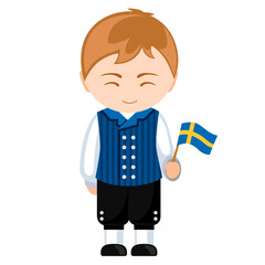 Man in Sweden national costume. Male cartoon character in traditional swedish ethnic clothes holding flag. Flat isolated illustration.