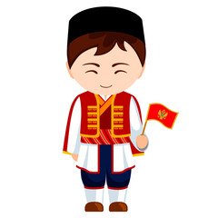 Man in Montenegro national costume. Male cartoon character in traditional ethnic montenegrin clothes holding flag. Flat isolated illustration.