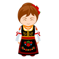 Woman in Serbia national costume. Female cartoon character in traditional serbian ethnic clothes. Flat isolated illustration.