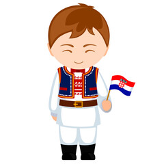 Man in Croatia national costume. Male cartoon character in traditional croatian ethnic clothes holding flag. Flat isolated illustration.