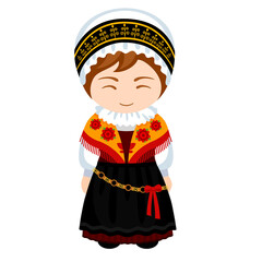 Woman in Slovenia national costume. Female cartoon character in slovenian traditional ethnic clothes. Flat isolated illustration.