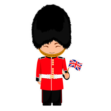 Man in national UK royal guard costume. Male cartoon character in traditional british clothes holding flag. Flat isolated illustration.