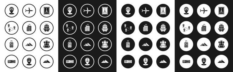 Set Postal stamp and Eiffel tower, Suitcase for travel, Route location, Map pointer with Egypt pyramids, Ship, Plane, Hiking backpack and stickers icon. Vector