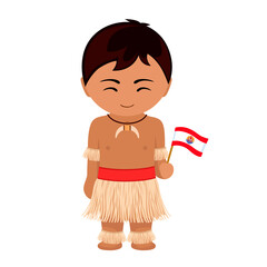 Man in Tahiti national costume. Male cartoon character in traditional ethnic clothes holding polynesian flag. Flat isolated illustration.