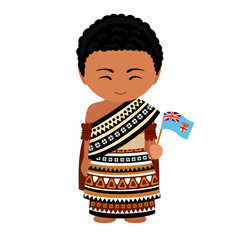 Man in Fiji national costume. Male cartoon character in traditional ethnic clothes holding fijian flag. Flat isolated illustration.