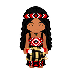 Woman in New Zealand national costume. Female cartoon character in Maori traditional ethnic clothes. Flat isolated illustration.