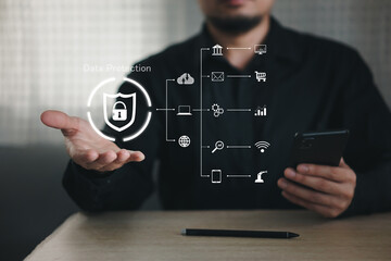 Cyber security network. Data protection concept. Businessman using laptop computer with digital padlock on internet technology networking with cloud computing and data management, cybersecurity
