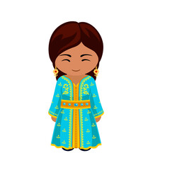 Woman in Morocco national costume. Female cartoon character in moroccan traditional ethnic clothes. Flat isolated illustration.