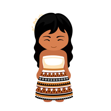Woman in Fiji national costume. Female cartoon character in fijian wedding traditional ethnic clothes. Flat isolated illustration.