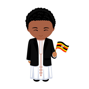 Man in Uganda national costume. Male cartoon character in traditional ethnic clothes holding ugandan flag. Flat isolated illustration.