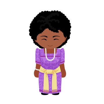 Woman in Uganda national costume. Female cartoon character in ugandan traditional ethnic clothes. Flat isolated illustration.