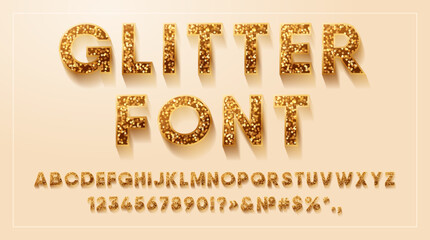Glitter golden alphabet, numbers and signs with shadow. Bold gold letters sparkle of solar sequins. Shining vector font with metallic effect. Brilliant capital text for holiday and festive.