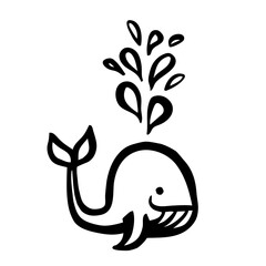 Cute cartoon whale splashing water, hand painted with ink brush stroke. Png clipart isolated on transparent background