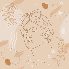 Antique sculpture or bust of Apollo in line art. Minimalist design for museum poster, social media post or ad. Greece god statue. Ancient greek sculpture in continuous line style. Vector illustration