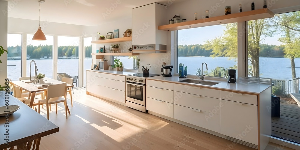 Wall mural Cook in Style: Functional Kitchen with Ample Storage and Breathtaking Lake Views, Generative AI