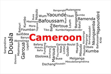 Tagcloud of the most populous cities in Cameroon. The title is red and all the cities are black on the white background. There are cities like Douala and Yaounde.Tagcloud of the most populous cities i