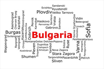 Tagcloud of the most populous cities in Bulgaria. The title is red and all the cities are black on the white background. There are cities like Sofia and Burgas.