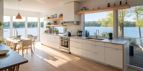 Cook in Style: Functional Kitchen with Ample Storage and Breathtaking Lake Views, Generative AI