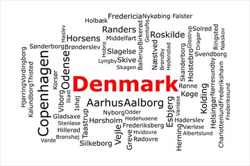 Tagcloud of the most populous cities in Denmark. The title is red and all the cities are black on the white background. There are cities like Copenhagen and Aarhus.