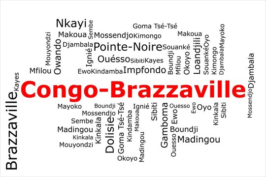 Tagcloud of the most populous cities in Congo-Brazzaville. The title is red and all the cities are black on the white background. There are cities like Brazzaville and Pointe-Noire.